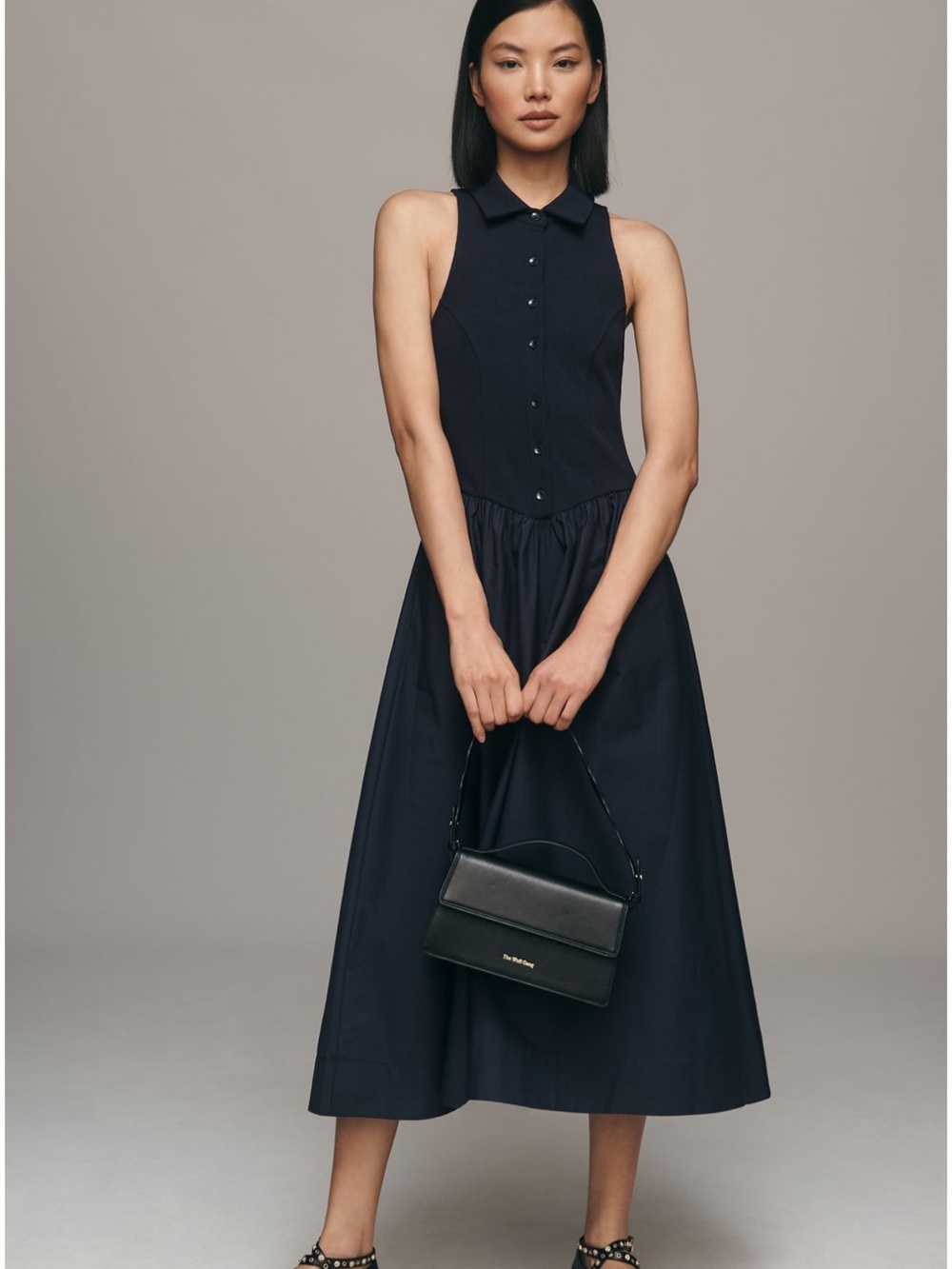 Anthropologie Maeve Sleeveless Collared Drop-Waist Midi Dress Dark Navy Blue